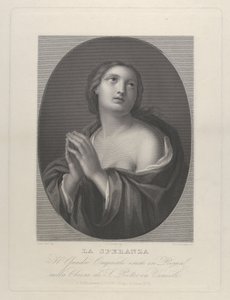 Naispuolinen henkilöhahmo Hope katsoo ylös kädet yhdessä ja vasen olkapää..., n. 1835-81. tekijältä Giovanni Buonafede