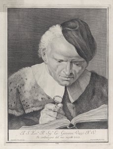 Mies hatussa lukemassa kirjaa suurennuslasilla, 1743. tekijältä Giovanni Cattini