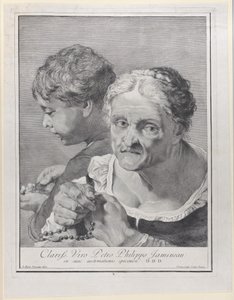 Vanha nainen rukouksen kanssa ja poika laskee kolikoita, 1743. tekijältä Giovanni Cattini