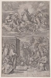 Kirkkokunta maisemakirjoituksessa, toiset yllä olevassa taivaallisessa maailmassa, n. 1650. tekijältä Giovanni Cesare Testa