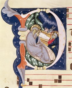 Ms 561 f.31v Historioitu alkukirjain "D", joka kuvaa syntymää, asteittaisesta San Jacopo di Ripolin luostarista, 1300-luvun alussa