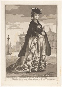 Venetsialainen rouva La Dame Venitienne en habit de masque (otsikko esineessä) Monipuoliset muotokuvat (sarjan nimi) tekijältä Giovanni David