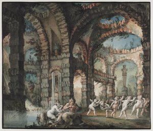 Satyyriperhe tanssivien kerubien kanssa, n. 1775-76 (akvarelli ja siveltimen työ grafiitin ja guassin kanssa) tekijältä Giovanni David