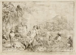 Maisema satyyriperheen ja klassisen veistoksen kanssa tekijältä Giovanni David after Giovanni Benedetto Castiglione