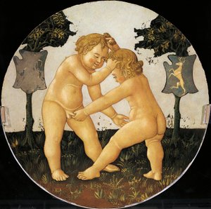 Puttisoitto, yksityiskohta syntymätarjottimen takaa (pyöreä maalaus), noin 1450, Giovanni di Ser Giovanni, joka tunnetaan nimellä Lo Scheggia (1406-1486), tempera puulle