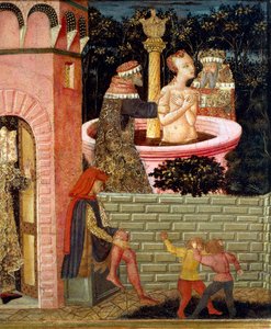 Tarinoita Susannesta, noin 1450, maalatun arkun etupaneeli, Giovanni di Ser Giovanni, joka tunnetaan nimellä Lo Scheggia (1406-1486), tempera puulla Yksityiskohta