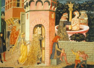 Tarinoita Susannesta, noin 1450, Giovanni di Ser Giovannin, joka tunnetaan nimellä Lo Scheggia (1406-1486), maalaaman arkun oikea puoli, tempera taulussa, yksityiskohta