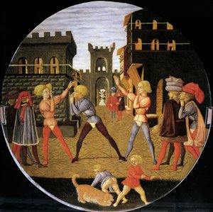 peli nimeltä civettino, yksityiskohta syntymätarjottimen edestä (pyöreä maalaus), noin 1450, Giovanni di Ser Giovanni, joka tunnetaan nimellä Lo Scheggia (1406-1486), tempera puulla