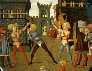 peli nimeltä civettino, yksityiskohta synnytystarjottimen edestä (pyöreä maalaus), noin 1450, Giovanni di Ser Giovanni, joka tunnetaan nimellä Lo Scheggia (1406-1486), tempera puulla