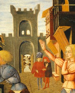 peli nimeltä civettino, yksityiskohta syntymätarjottimen oikeasta reunasta (pyöreä maalaus), noin 1450, Giovanni di Ser Giovanni, joka tunnetaan nimellä Lo Scheggia (1406-1486), tempera paneelissa