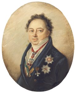 Kreivi Dmitri Pavlovich Tatishchev, kasvot vasemmalle sinisessä takissa, valkoisessa liivissä ja takissa tekijältä Giovanni Domenico Bossi