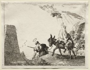 Lento Egyptiin: Pyhä perhe kulkee lähellä pyramidia tekijältä Giovanni Domenico Tiepolo