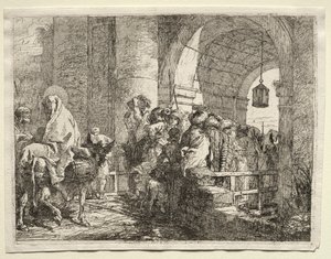 Lento Egyptiin: Pyhä perhe kulkee kaaren alla tekijältä Giovanni Domenico Tiepolo