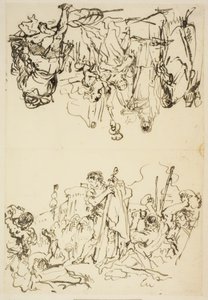 Taitettu lakana, jossa teksti "Pyhän Stephenin marttyyrikuolema ja Agrippinan maihinnousu Brindisissä Germanicuksen tuhkan kanssa" tekijältä Giovanni Domenico Tiepolo