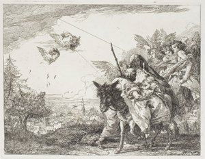 Joosef palvelee lasta, jota Maria pitää sylissään, levy yhdeksän elokuvasta Pako Egyptiin. tekijältä Giovanni Domenico Tiepolo