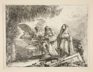 Joseph kantaa Jeesusta käsivarsissaan sarjasta Idee pittoresche sopra la fuga in Egitto (lento Egyptiin) tekijältä Giovanni Domenico Tiepolo