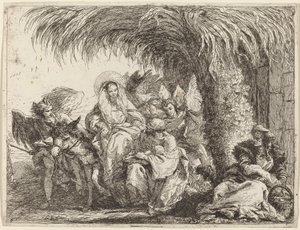 Joosef polvistuu Lapsen kanssa Marian aasilla edessä tekijältä Giovanni Domenico Tiepolo