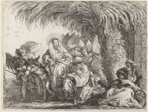 Joosef polvistuu Lapsen kanssa Marian aasilla edessä tekijältä Giovanni Domenico Tiepolo