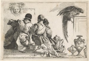 Polvistuvia sivuja, naamio ja papukaija tekijältä Giovanni Domenico Tiepolo