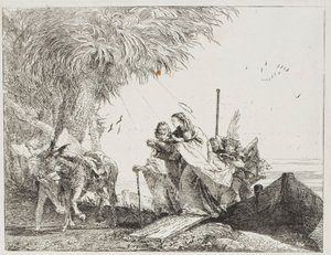 Maria, Joosefin ja enkelin auttamana, astumassa ulos veneestä, levy kahdeksantoista kappaleesta Lento Egyptiin tekijältä Giovanni Domenico Tiepolo