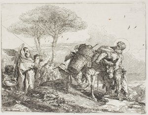 Maria, kahden enkelin avustamana, seuraa Joosefia aasin kanssa, levy 25 julkaisusta Lento Egyptiin tekijältä Giovanni Domenico Tiepolo