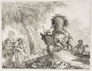 Maria, jota enkeli auttoi, ja Joosef kantamassa koria, kulkemassa lauman ohi, levy 24 lennosta Egyptiin tekijältä Giovanni Domenico Tiepolo