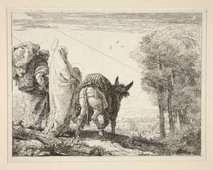 Mary pitää lasta käsivarsissaan sarjasta Idee pittoresche sopra la fuga in Egitto (lento Egyptiin) tekijältä Giovanni Domenico Tiepolo