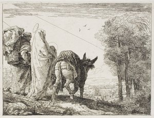 Maria pitelee lasta käsivarsissaan ja Joosef korin kanssa, levy kymmenen kappaleesta Lento Egyptiin tekijältä Giovanni Domenico Tiepolo