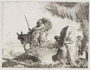 Maria, kahden enkelin tukemana, seuraa Joosefia, levy 26 julkaisusta Lento Egyptiin tekijältä Giovanni Domenico Tiepolo