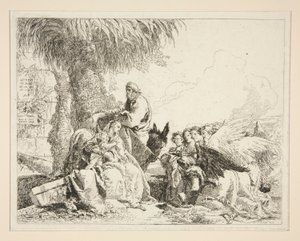 Lepo Egyptin lennon aikana, sarjasta Idee pittoresche sopra la fuga in Egitto (lento Egyptiin) tekijältä Giovanni Domenico Tiepolo