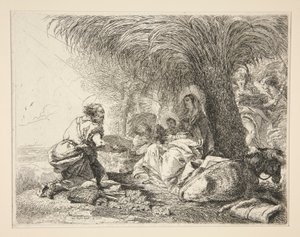 Pyhä Joosef palvomassa Jeesus-lapsia, sarjasta Idee pittoresche sopra la fuga in Egitto (lento Egyptiin) tekijältä Giovanni Domenico Tiepolo