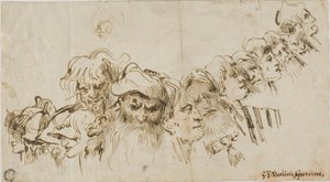 Luonnoksia miesten päistä (etusivu); kuningatar ja sivu (kääntöpuoli). tekijältä Giovanni Domenico Tiepolo