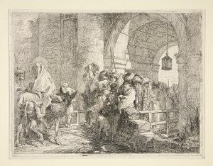 Pyhän perheen saapuminen kaupungin portille sarjasta Idee pittoresche sopra la fuga in Egitto (lento Egyptiin) tekijältä Giovanni Domenico Tiepolo