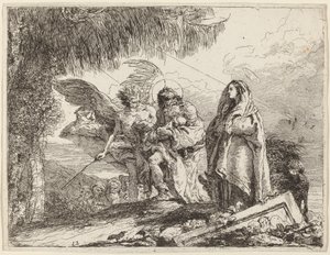 Lento, pyhä perhe kävelemässä enkelin kanssa tekijältä Giovanni Domenico Tiepolo