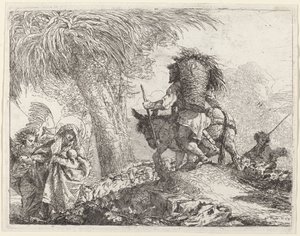 Lento, Joosef oikealla ja Maria ja enkeli vasemmalla tekijältä Giovanni Domenico Tiepolo