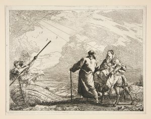 Pyhä perhe saapuu joen reunalle sarjasta Idee pittoresche sopra la fuga in Egitto (lento Egyptiin) tekijältä Giovanni Domenico Tiepolo
