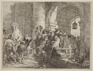 Pyhä perhe saapuu kaupungin portille tekijältä Giovanni Domenico Tiepolo