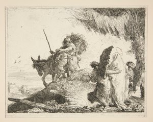 Pyhä perhe kahden enkelin välissä sarjasta Idee pittoresche sopra la fuga in Egitto (lento Egyptiin) tekijältä Giovanni Domenico Tiepolo