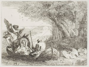Pyhä perhe ylittää järven veneessä, levy seitsemäntoista julkaisusta Lento Egyptiin tekijältä Giovanni Domenico Tiepolo