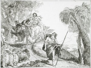 Pyhä perhe laskeutuu metsäpolkua pitkin lähellä laumaa ja muutamia paimenia tekijältä Giovanni Domenico Tiepolo