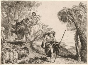 Pyhä perhe laskeutumassa polkua lähellä paimenia tekijältä Giovanni Domenico Tiepolo