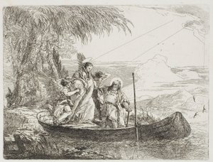 Pyhä perhe astuu veneeseen enkelien avulla, levy kuusitoista kohdasta Lento Egyptiin tekijältä Giovanni Domenico Tiepolo