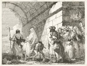 Pyhä perhe kulkee kaupungin kaaren alta tekijältä Giovanni Domenico Tiepolo