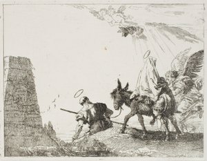 Pyhä perhe kulkee pyramidin ohi, levy kaksikymmentä kappaleesta Lento Egyptiin tekijältä Giovanni Domenico Tiepolo