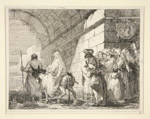 Pyhä perhe kulkee kaaren alla, lähtee kaupungin portin kautta sarjasta Idee pittoresche sopra la fuga in Egitto (lento Egyptiin) tekijältä Giovanni Domenico Tiepolo