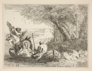 Pyhä perhe matkustaa laivalla, sarjasta Idee pittoresche sopra la fuga in Egitto (lento Egyptiin) tekijältä Giovanni Domenico Tiepolo