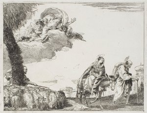 Pyhä perhe kävelemässä kaupunginmuuria pitkin. Vasemmalla paimen laumaansa ja Isä Jumala, levy kahdeksan kappaleesta Lento Egyptiin tekijältä Giovanni Domenico Tiepolo