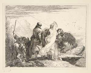 Pyhä perhe joen rannalla, sarjasta Idee pittoresche sulla fuga in Egitto (lento Egyptiin) tekijältä Giovanni Domenico Tiepolo
