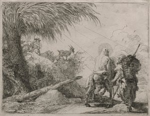 Pyhä perhe kivisellä polulla, sarjasta Idee pittoresche sulla fuga in Egitto (lento Egyptiin) tekijältä Giovanni Domenico Tiepolo