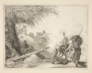 Neitsyt, asennettuna aasille ja katsottuna takaapäin, sarjasta Idee pittoresche sopra la fuga in Egitto (lento Egyptiin) tekijältä Giovanni Domenico Tiepolo